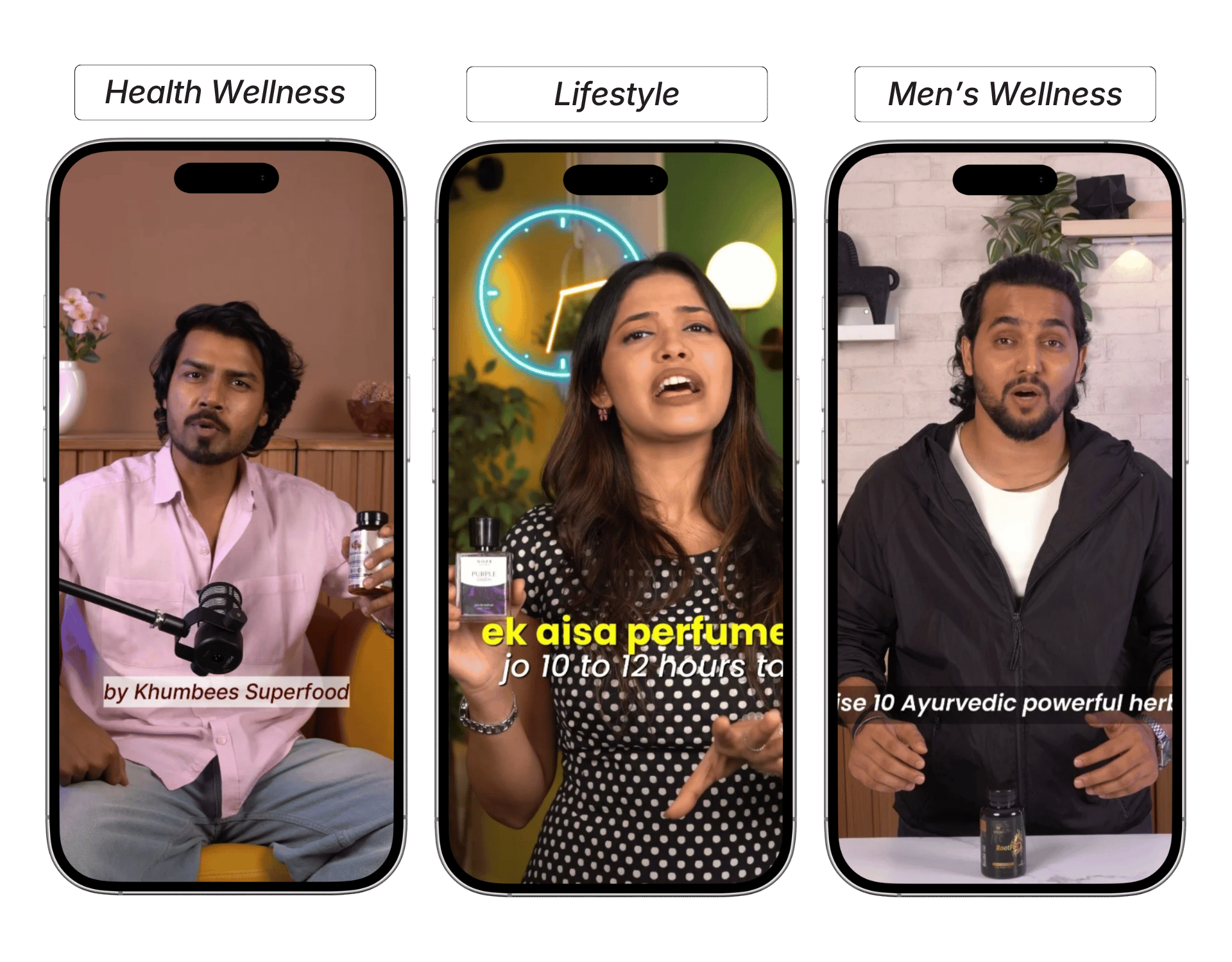 UGC portfolio phone mockups — Health Wellness, Lifestyle, Men's Wellness